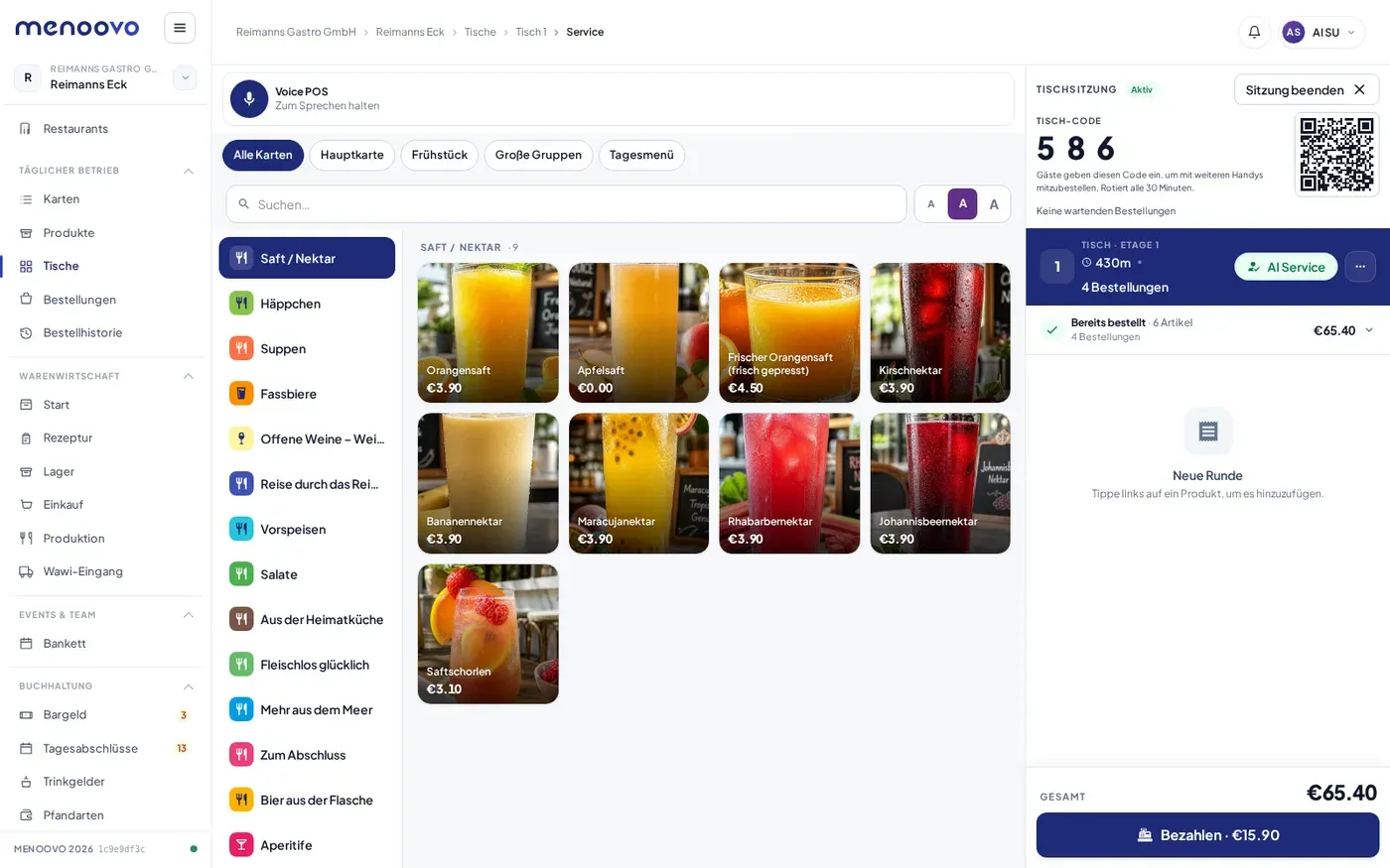 Menoovo Kellner-Ansicht: Bestellung und Kassieren am Tisch mit Tischsitzung und QR-Code