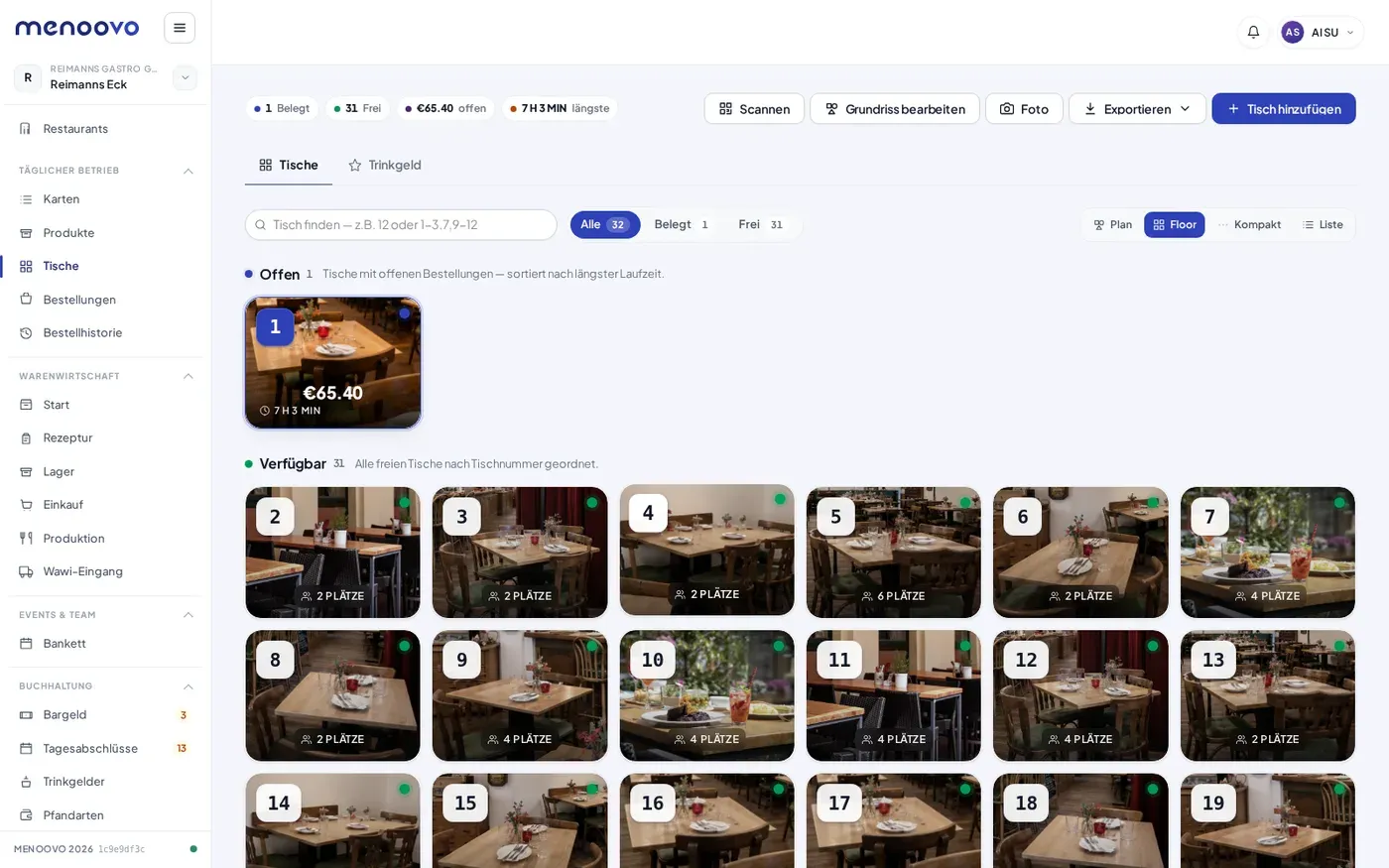 Menoovo Tischplan: alle Tische mit Foto, Belegung und offenem Betrag